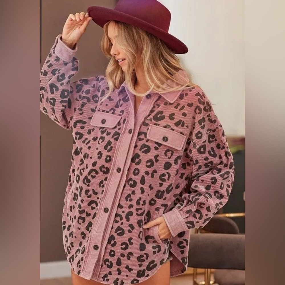 BIBI Leopard Print Corduroy Shacket – Vintage Washed Lavender, Size Small NWOT